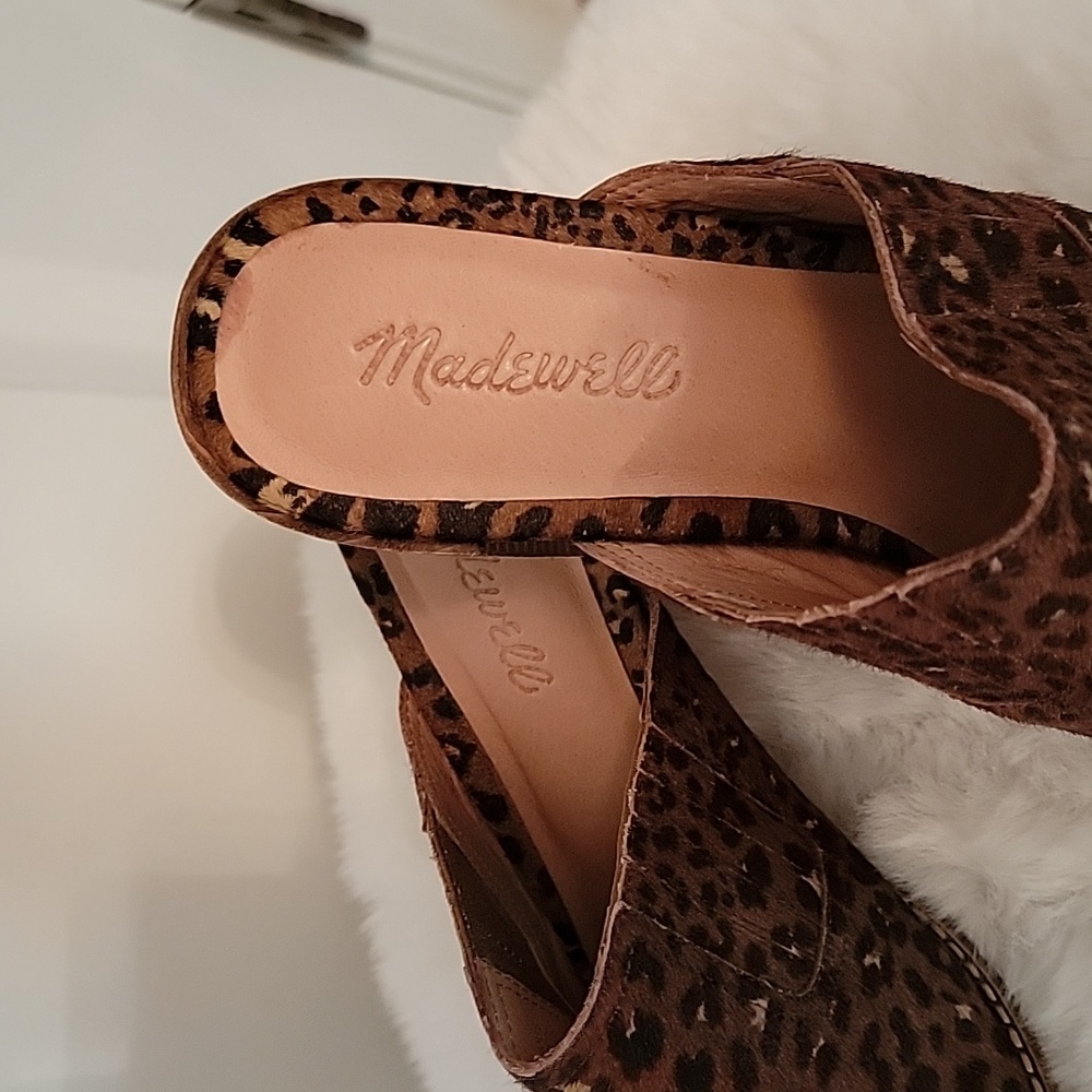 Ladies Mules Madewell Brown, Animal Print Calf Hair Block Heel - Picture 2 of 4